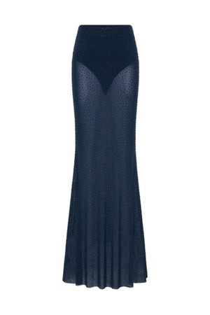 Elivera Skirt in Navy by Rebecca Vallance, a sheer mesh maxi skirt with crystal embellishments. Perfect for glamorous night events.
