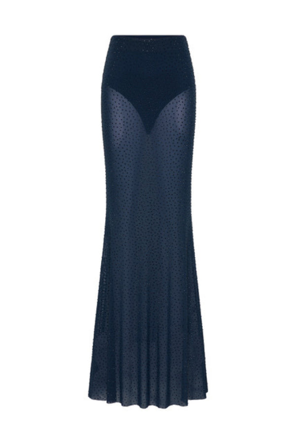 Elivera Skirt in Navy by Rebecca Vallance, a sheer mesh maxi skirt with crystal embellishments. Perfect for glamorous night events.
