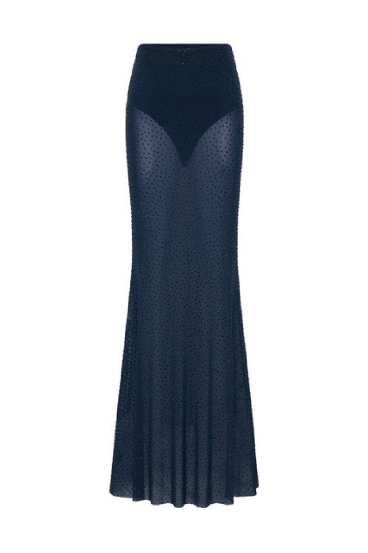 Elivera Skirt in Navy by Rebecca Vallance, a sheer mesh maxi skirt with crystal embellishments. Perfect for glamorous night events.
