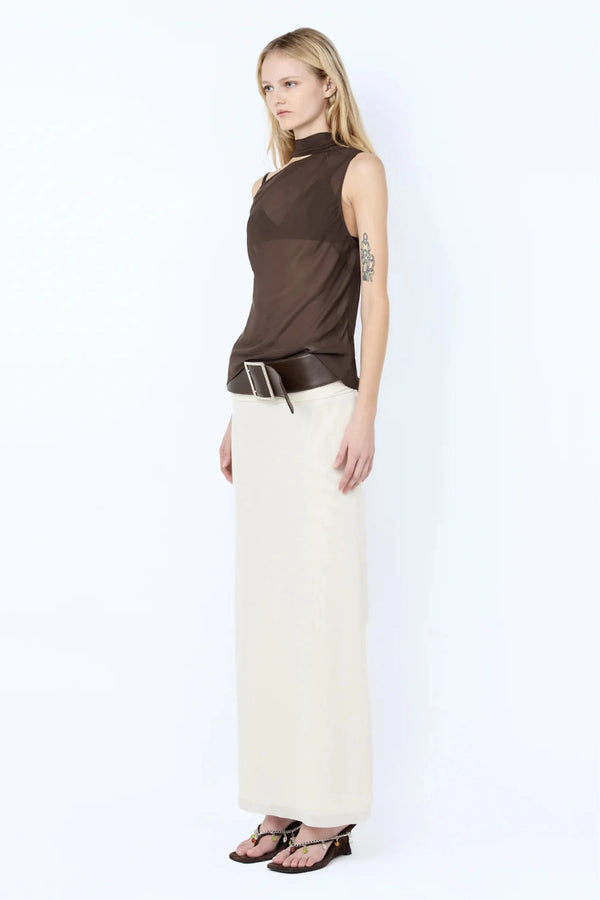 Augustin Scarf Top by Bec + Bridge — sheer asymmetric georgette top with elegant neck scarf detail, perfect for evening wear.