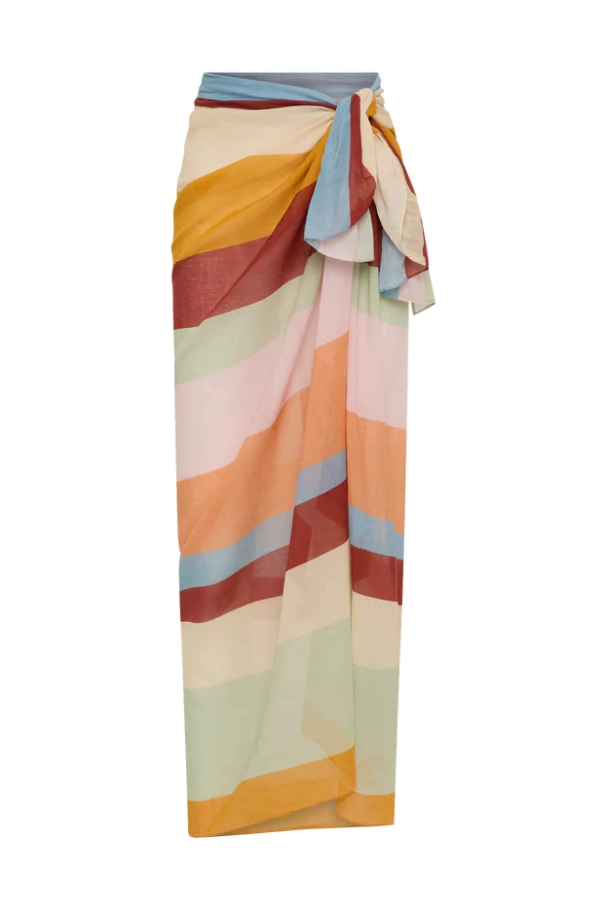 Square Pareo in Iris by Soleil Soleil, a versatile organic cotton wrap or scarf with rainbow-hued stripes, perfect for relaxed resort days.