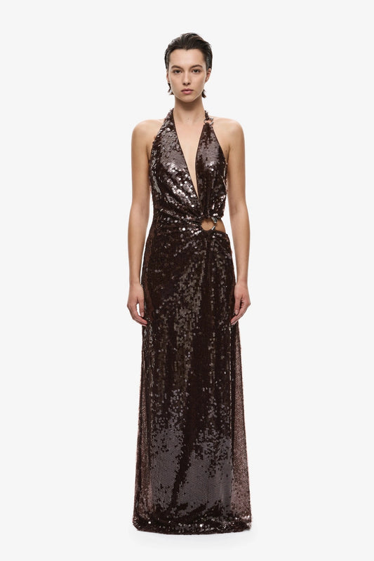 Devon Sequin Dress Chocolate by Misha, an asymmetric plunge sequin gown with metal ring details and an open back for dramatic evening wear.
