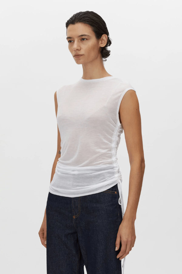 Marjorie Tank Soft White by Camilla and Marc – breathable jersey with side tie details and a sleek neckline, perfect for layering or relaxed weekend wear.