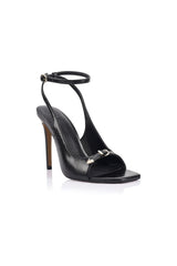 Goldie Sandal Black Leather by Lana Wilkinson, textured leather stiletto sandal, perfect for elevated evening and occasion wear.