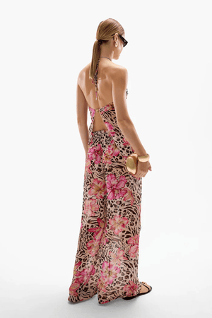 Coral Orchid Drape Top Safaria by Cin Cin – Lightweight 100% viscose with vibrant florals and animal print. Adjustable halter tie and gold clasp. Perfect for summer.