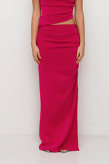 Flor Skirt Magenta by The Wolf Gang, asymmetrical skirt with ruched detail and beaded trim. Perfect for events or standout looks.