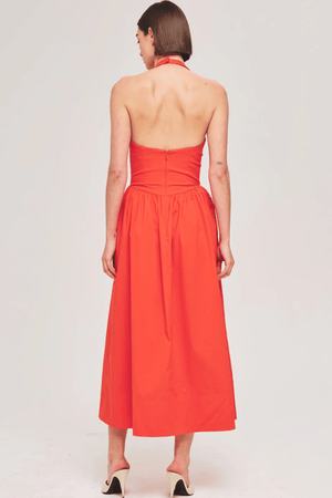 Filippa Dress Fiery Red by Ronny Kobo – A bold, trendy silhouette with a plunging halter neck and voluminous gathered skirt. Perfect for summer soirées and statement events.