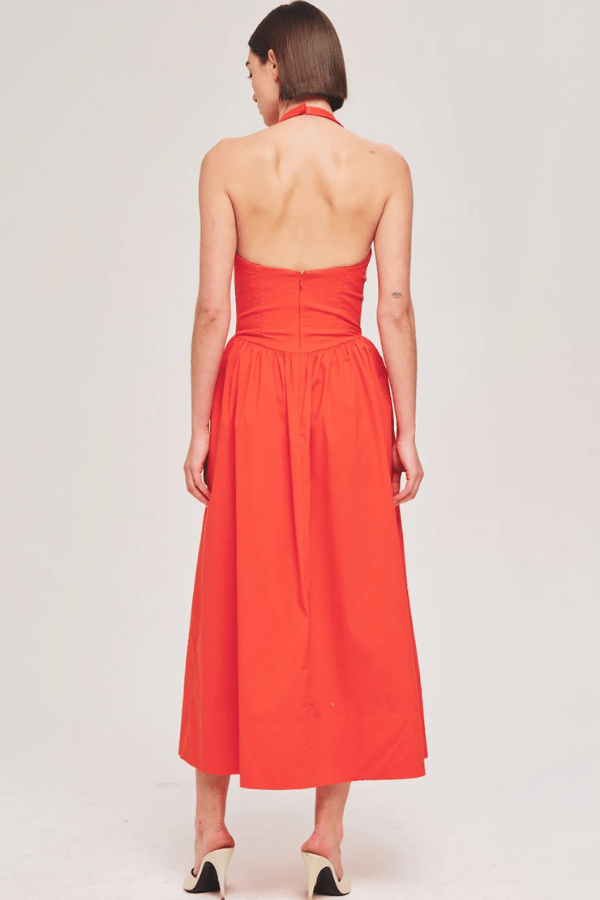 Filippa Dress Fiery Red by Ronny Kobo – A bold, trendy silhouette with a plunging halter neck and voluminous gathered skirt. Perfect for summer soirées and statement events.