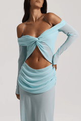 Emily Gown Baby Blue by Natalie Rolt – A trendy, ethereal gown with bias-cut georgette, off-shoulder draping, and full sleeves, perfect for romantic events.