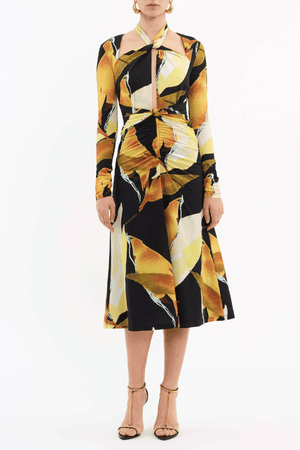 Petals Of Paradise Long Sleeve Midi Dress Print by Rebecca Vallance – Printed jersey, tie neck, gathered waist, front