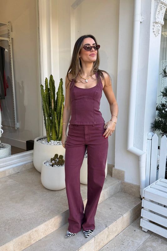 Blaine Denim Bodice Vino by Sovere, halter neck cotton blend denim top with scoop neckline and tailored fit.