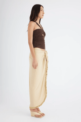 Prianka Halter Top Espresso by Benni — Sleek halter in shimmering mesh with sparkle lurex, center cut-out, gathered waist, and internal grip tape for support. Fully lined, adjustable self-tie straps.