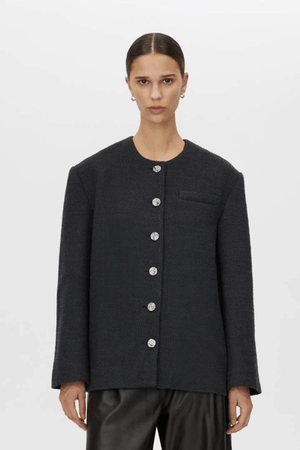 Rinaldi Jacket French Navy by Camilla and Marc – collarless tweed jacket with metal buttons and side pockets for timeless, tailored elegance.