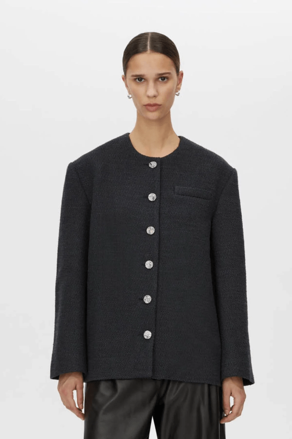Rinaldi Jacket French Navy by Camilla and Marc – collarless tweed jacket with metal buttons and side pockets for timeless, tailored elegance.