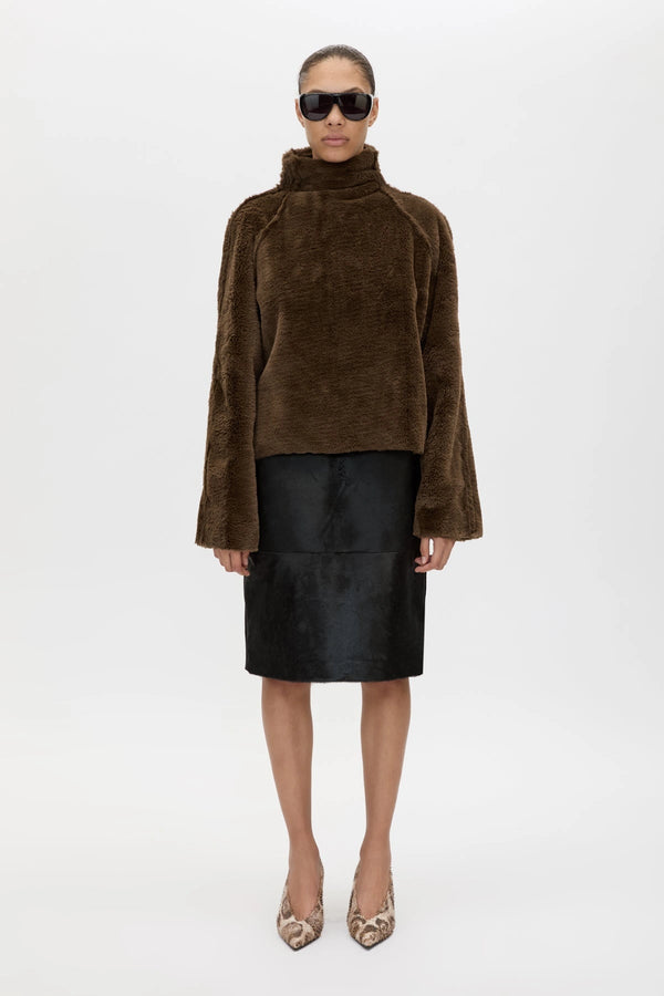 Nala Furry Pullover Top Truffle by Camilla and Marc, luxe faux fur pullover with relaxed silhouette and high neck