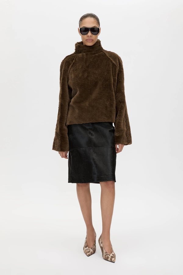 Nala Furry Pullover Top Truffle by Camilla and Marc, luxe faux fur pullover with relaxed silhouette and high neck