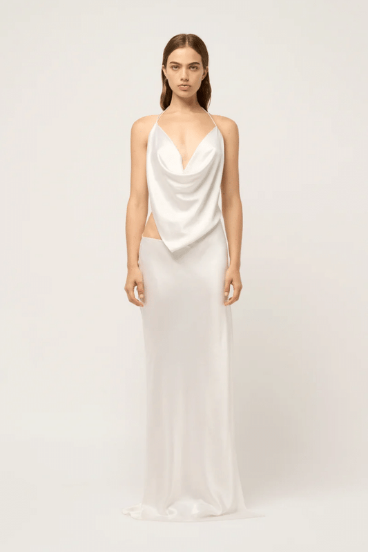Iced Bias Slip Dress White by Michael Lo Sordo – Draped silk slip dress with asymmetrical straps, open back, and split skirt.