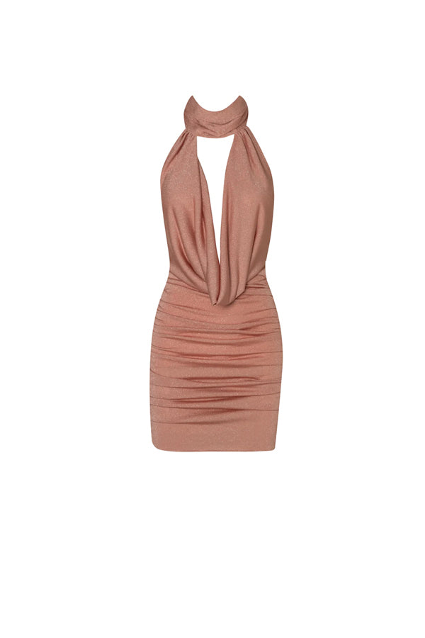 Donna Dress Sorbett by Baobab – Deep V-neck mini dress with high neck, open back, ruched detail, and glossy fitted fabric.