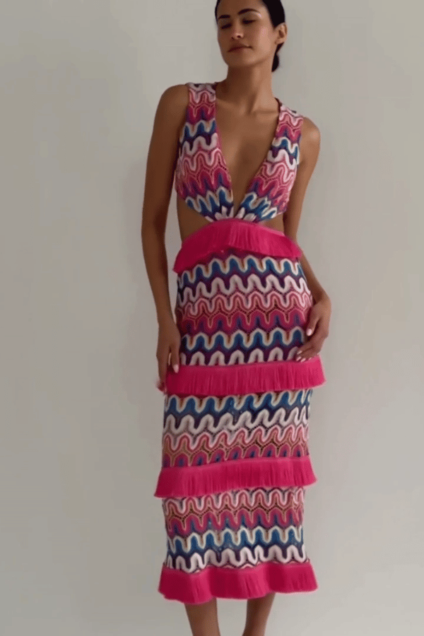 PatBo | Crochet Cut-Out Midi Dress Pink Multi | Girls With Gems