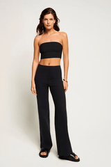 Neoprene Wide Leg Pant Black by Commando, luxury Italian neoprene with smoothing waistband, light compression, and flared silhouette for casual or polished looks.