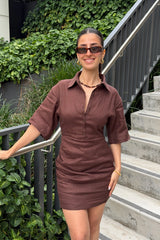 Vida Mini Dress in chocolate brown with short sleeves and a fitted silhouette on a plain white background.