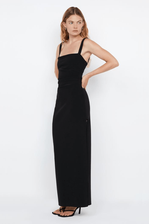 Leora Tuck Maxi Dress Black by Bec + Bridge – A sleek, figure-flattering maxi with delicate straps, waist tucks, and a chic side leg split. Perfect for elegant occasions.