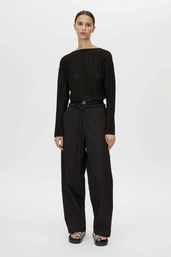 Cella Monogram Elastic Pant Black by Camilla and Marc, relaxed mid-rise pant with monogram waistband, slant pockets, and refined panel stitching.