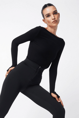 Camden Top Black by Mossman, soft double-layered ribbed jersey with boat neckline and thumb sleeves, perfect for trendy layering and chic day-to-night wear.