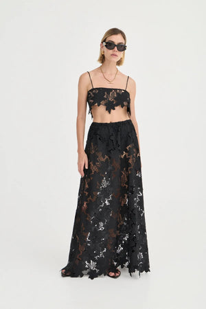 Margaux Skirt by Solaqua Studio, noir crochet floral lace maxi skirt with elastic waist and elegant fluid silhouette.