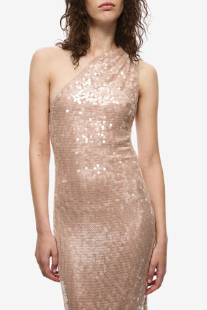 Nicolette Lace Sequin Dress Soft Pink by Misha, sequin halter dress with column fit, perfect for evening events and formal occasions
