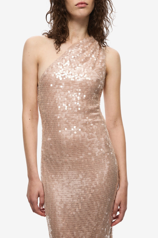Nicolette Lace Sequin Dress Soft Pink by Misha, sequin halter dress with column fit, perfect for evening events and formal occasions