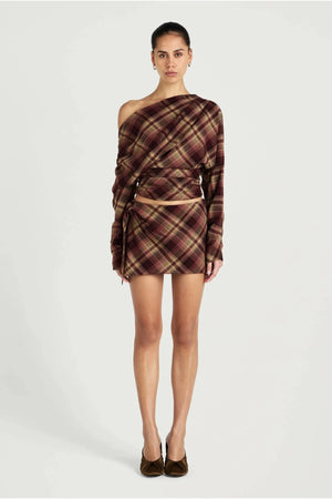 Hera Long Sleeve Top Plum Check by Benni, one shoulder tartan top, perfect for elevated day to night styling