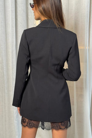 Carissa Mini Skirt Black by Sneaky Link, delicate lace with scalloped hem, flirty layered detail, perfect peek of texture and charm.