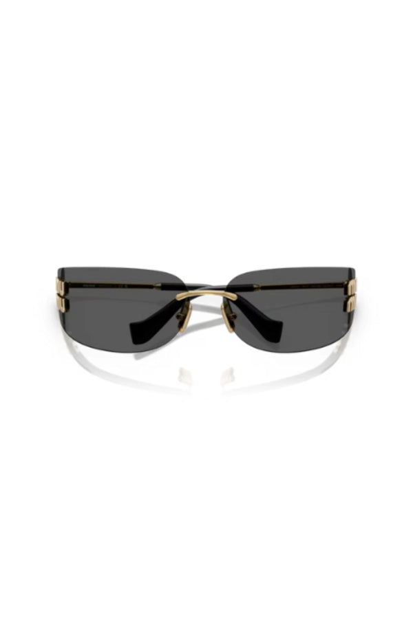 MU A51S Gold W/ Dark Grey by Miu Miu – rimless wraparound rectangle sunglasses with gold metal temples and dark grey logo lenses.
