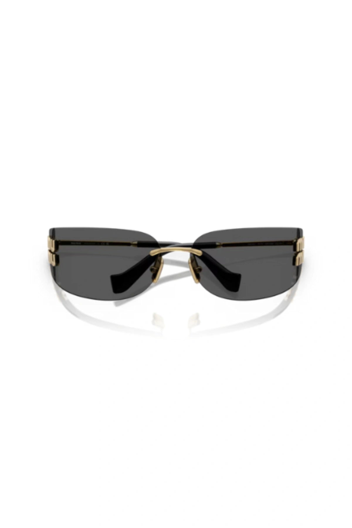 MU A51S Gold W/ Dark Grey by Miu Miu – rimless wraparound rectangle sunglasses with gold metal temples and dark grey logo lenses.
