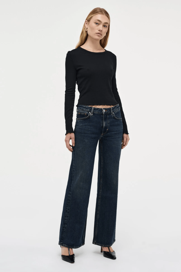 Eva Wide Memphis by Summi Summi, trendy mid-rise pants with a flattering A-line, wide-leg fit. Perfect for effortless movement and elongating the frame with signature repair stitch and fob ring detailing.