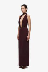 The Capezza Silk Dress Currant by Misha, halter silk midi dress with draped wrap neckline and fitted skirt
