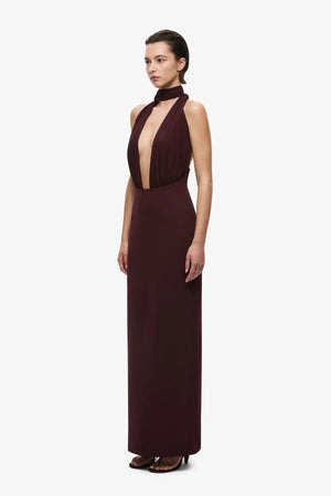 The Capezza Silk Dress Currant by Misha, halter silk midi dress with draped wrap neckline and fitted skirt