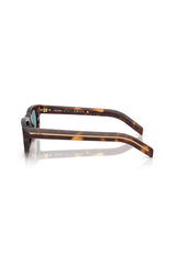 Prada Rectangular Acetate Sunglasses, classic tortoise frame with green polar lenses and wide temples accented by metal logo plaques.