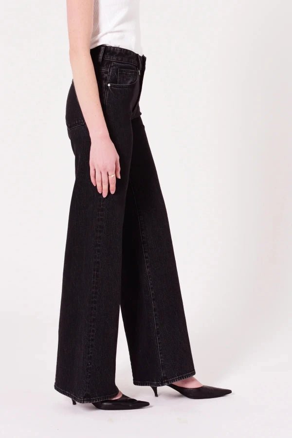 Eva Wide French Black by Neuw Denim, mid-rise tailored A-line with wide leg, flattering long 32” inseam, comfy stretch cotton, perfect for chic casual looks.