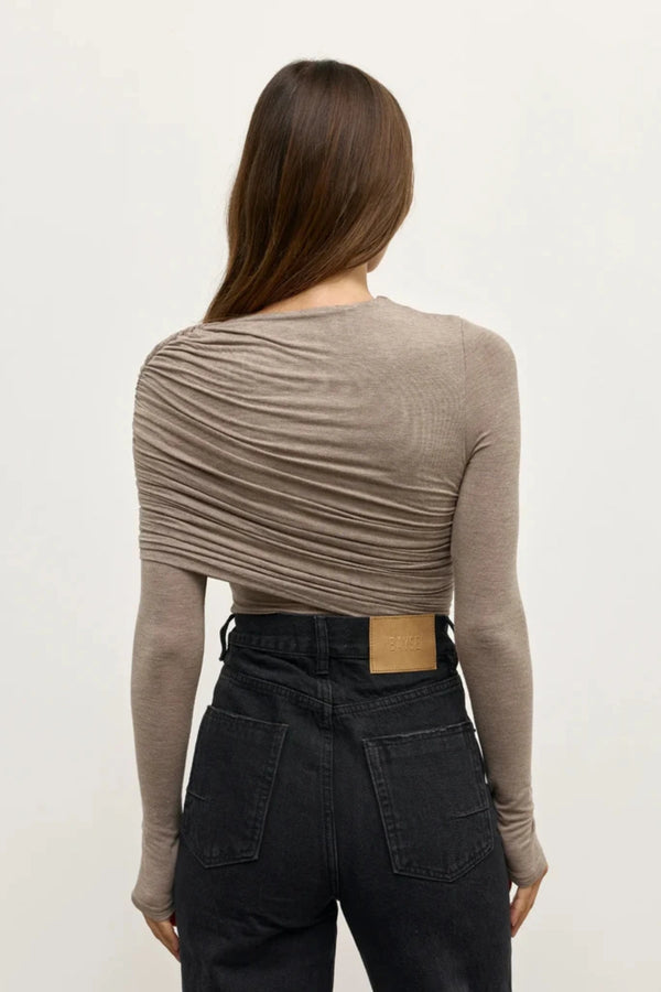 Ariya Bodysuit Grey Marle by Bayse, long sleeve bodysuit with asymmetric draping and sculpted fit.