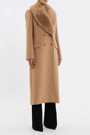 Biera Coat Camel by Rebecca Vallance – Timeless boxy double-breasted wool coat with embossed dome buttons and removable faux fur trim. Features flap pockets, back vent, and full lining.
