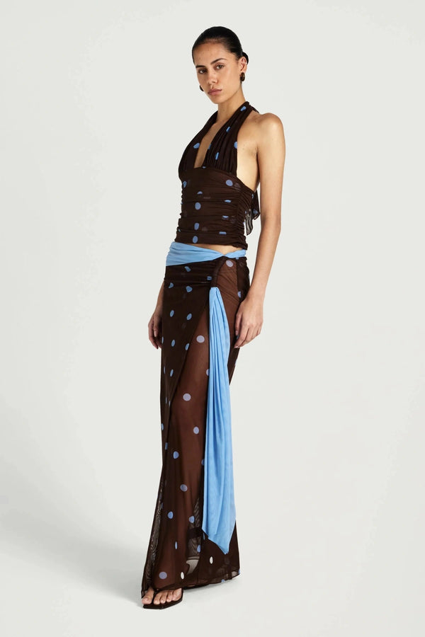 Tola Maxi Skirt Choc Blue Polka by Benni, sheer mesh maxi skirt, perfect for elevated evening or event styling