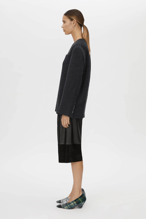 Rinaldi Jacket French Navy by Camilla and Marc – collarless tweed jacket with metal buttons and side pockets for timeless, tailored elegance.