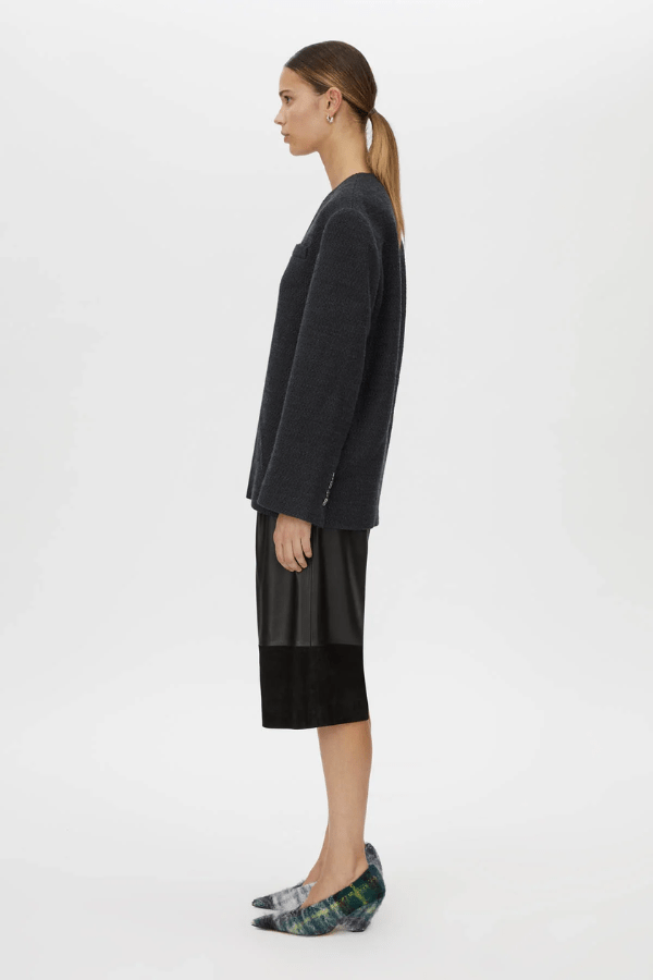 Rinaldi Jacket French Navy by Camilla and Marc – collarless tweed jacket with metal buttons and side pockets for timeless, tailored elegance.