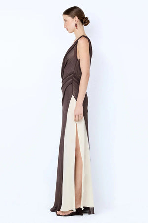 Augustin Asym Maxi Dress by Bec and Bridge, dark chocolate layered maxi with asym neckline and high split.
