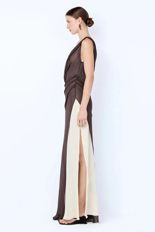 Augustin Asym Maxi Dress by Bec and Bridge, dark chocolate layered maxi with asym neckline and high split.