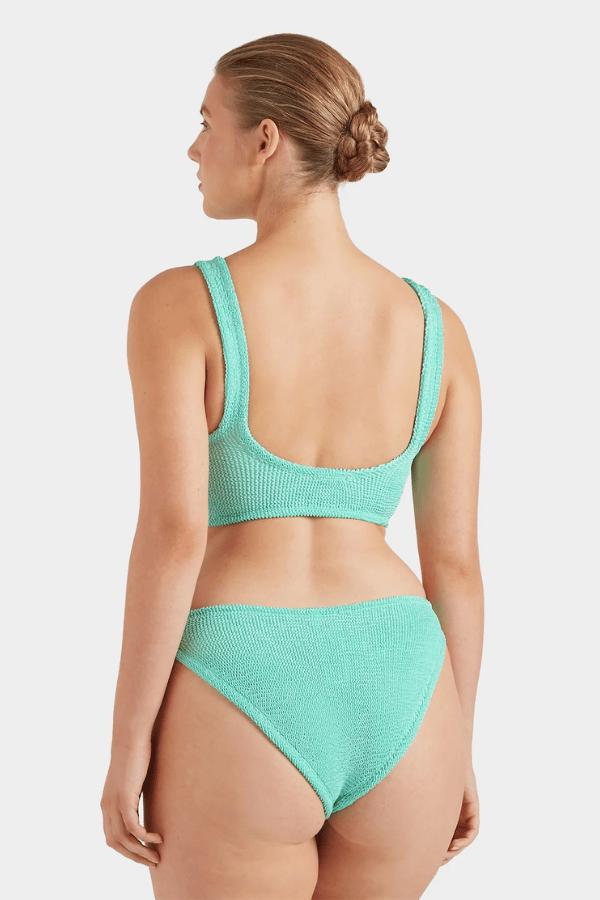 Julia Bikini Pearly Hoop Metallic Mint by Hunza G – Signature crinkle bikini with luxe pearly hoops and sculpting fit