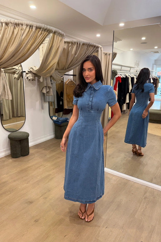 Cotton Mix Denim Collared Midi Dress Light Blue by Odd Muse, structured denim midi dress, perfect for chic day to evening styling