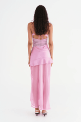 Delilah Maxi Dress Bubblegum by Benni – Occasion-ready satin, mesh & chiffon mix with feminine gathers and ruffle details, perfect for elegant celebrations.